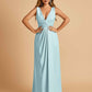Sexy Satin Deep V-neck Long Bridesmaid Dresses A-line Pleats Sleeveless Floor Length