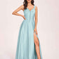 Satin V-neck A-line Prom Dresses Side slit Floor Length