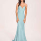 Sexy Satin Mermaid Prom Dresses Spaghetti Straps V-neck Floor Length Lace-up Back