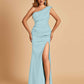 Satin One-shoulder Bridesmaid Dresses Mermaid Side Slit Sleeveless Floor Length
