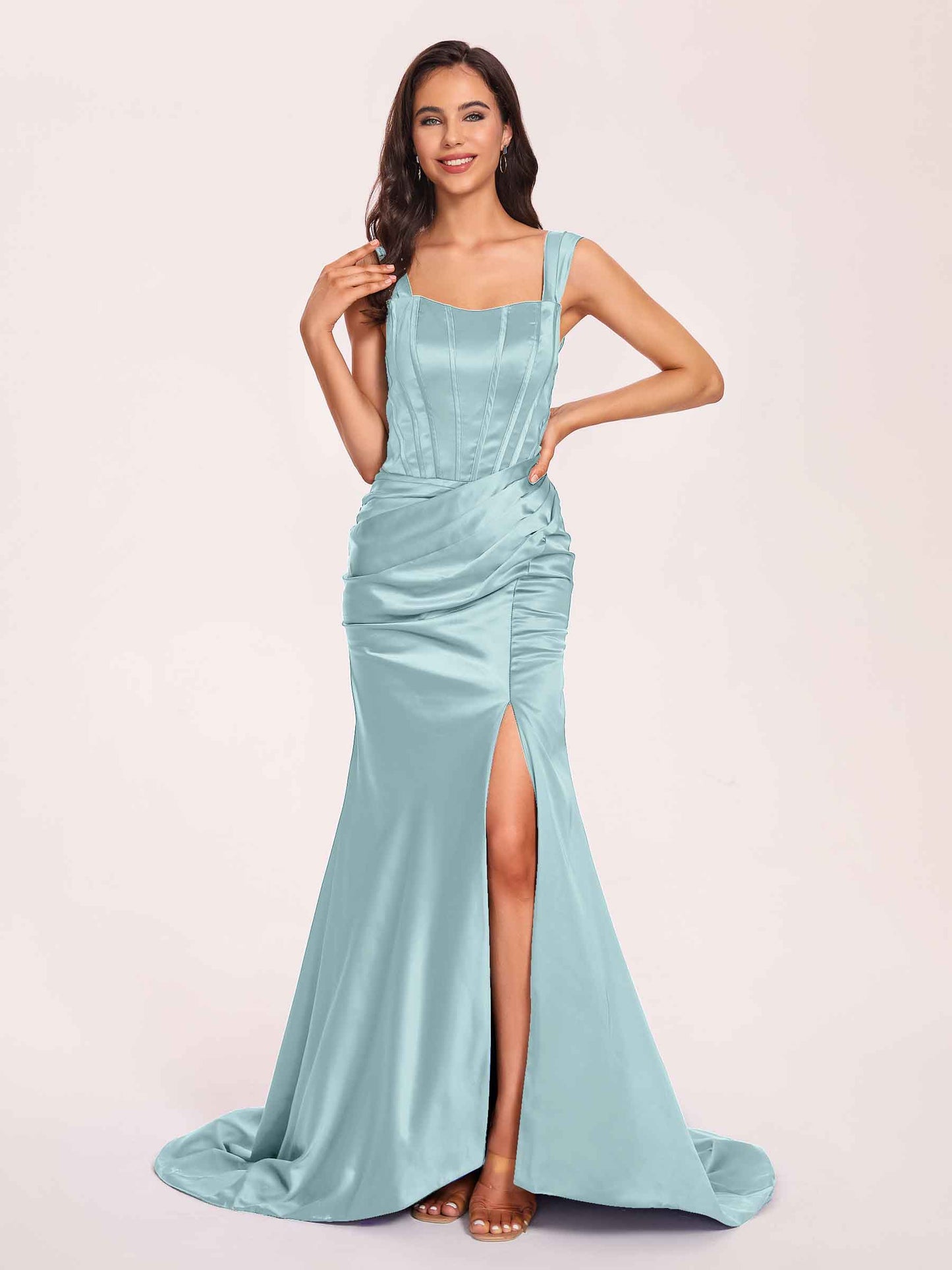 Sexy Satin Square Mermaid Bridesmaid Dresses Pleats Side-Slit Floor-Length Sleeveless