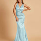 Sexy Satin Criss-cross Back Prom Dresses Mermaid Deep V-neck Back Pleats Floor Length