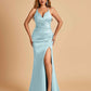 Sexy Satin Mermaid Long Prom Dresses Spaghetti Straps Sweetheart Side Slit Criss-cross Back