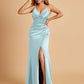 Sexy Satin Sheath Prom Dresses Spaghetti Straps V-neck Side Slit Pleats Floor Length
