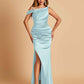 Unique Satin One Shoulder Prom Dresses Side Slit Half Open Back Floor Length
