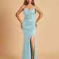 Sexy Satin Mermaid Bridesmaid Dresses Spaghetti Straps V-neck Side Slit Floor Length