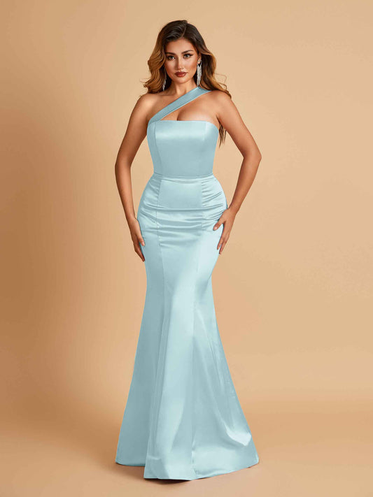 Sexy Satin Mermaid Bridesmaid Dresses One Shoulder Floor Length