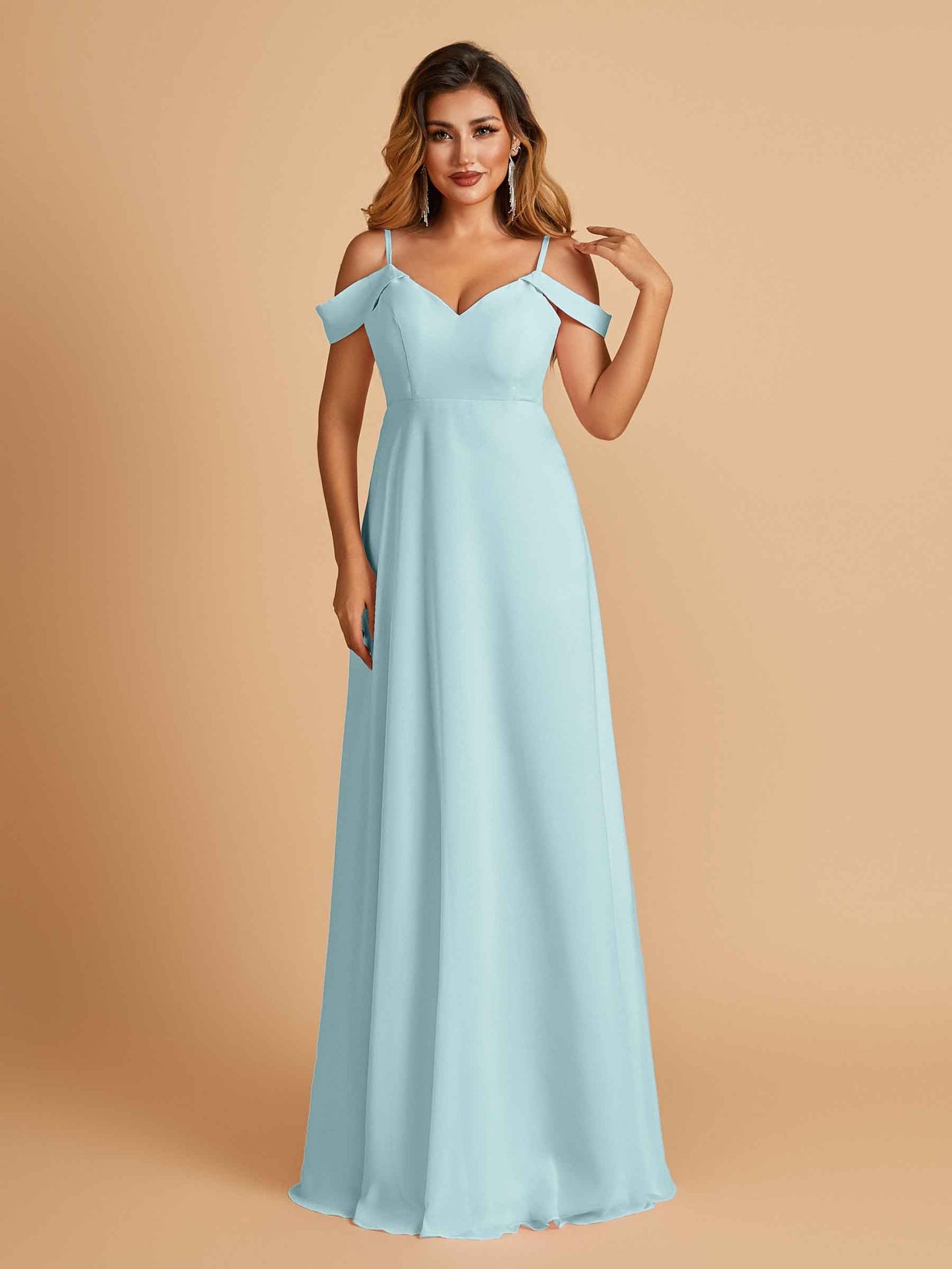 Chiffon Off-shoulder Long Bridesmaid Dresses V-neck Floor Length A-line For Sale