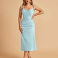 Sexy Satin Midi Prom Dresses Spaghetti Straps Slip Scoop Side Slit