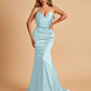 Sexy Satin Mermaid Prom Dresses Spaghetti Straps V-neck Pleats Floor Length