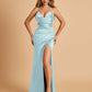 Sexy Satin Halter Straps Sheath Prom Dresses Side Slit Pleats Floor Length