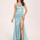 Sexy Satin One-shoulder Prom Dresses Side Slit Sheath Floor Length Long