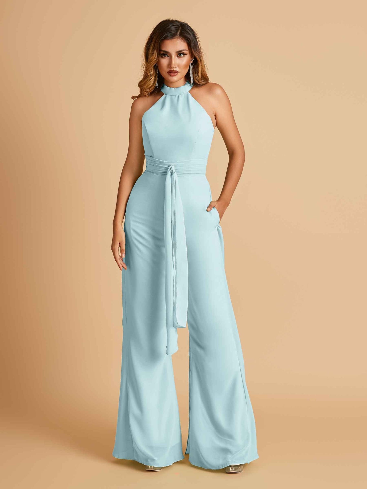 Chiffon Prom Jumpsuit Jewel Neck Sleeveless Floor Length With Pockets