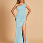 Satin One-shoulder Prom Dresses Mermaid Side Slit Sleeveless Floor Length