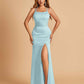 Satin Mermaid Long Bridesmaid Dresses Spaghetti Straps Scoop Side Slit Criss-cross Back For Sale