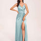 Sexy Satin A-line Prom Dresses Spaghetti Straps Side Slit V-neck Floor Length