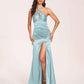 Sexy Satin Halter Long Bridesmaid Dresses Side Slit Pleats Floor Length Sheath