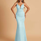 Satin Deep V-neck Mermaid Prom Dresses Open Back Floor Length