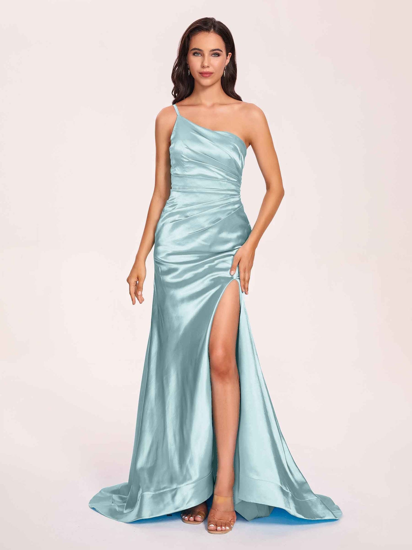 Satin One-shoulder Mermaid Prom Dresses Side Slit Pleats Floor Length