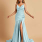 Sexy Satin Mermaid Open Back Prom Dresses Spaghetti Straps V-neck Side Slit
