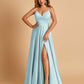 Satin A-line Long Prom Dresses Spaghetti Straps V-neck Side Slit Floor Length