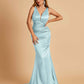 Sexy Satin Criss-cross Back Bridesmaid Dresses Mermaid Deep V-neck Back Pleats Floor Length