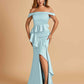 Satin Mermaid Off Shoulder Bridesmaid Dresses With Ruffles Side Slit Floor Length