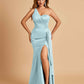Satin One Shoulder Mermaid Prom Dresses Side Slit Floor Length