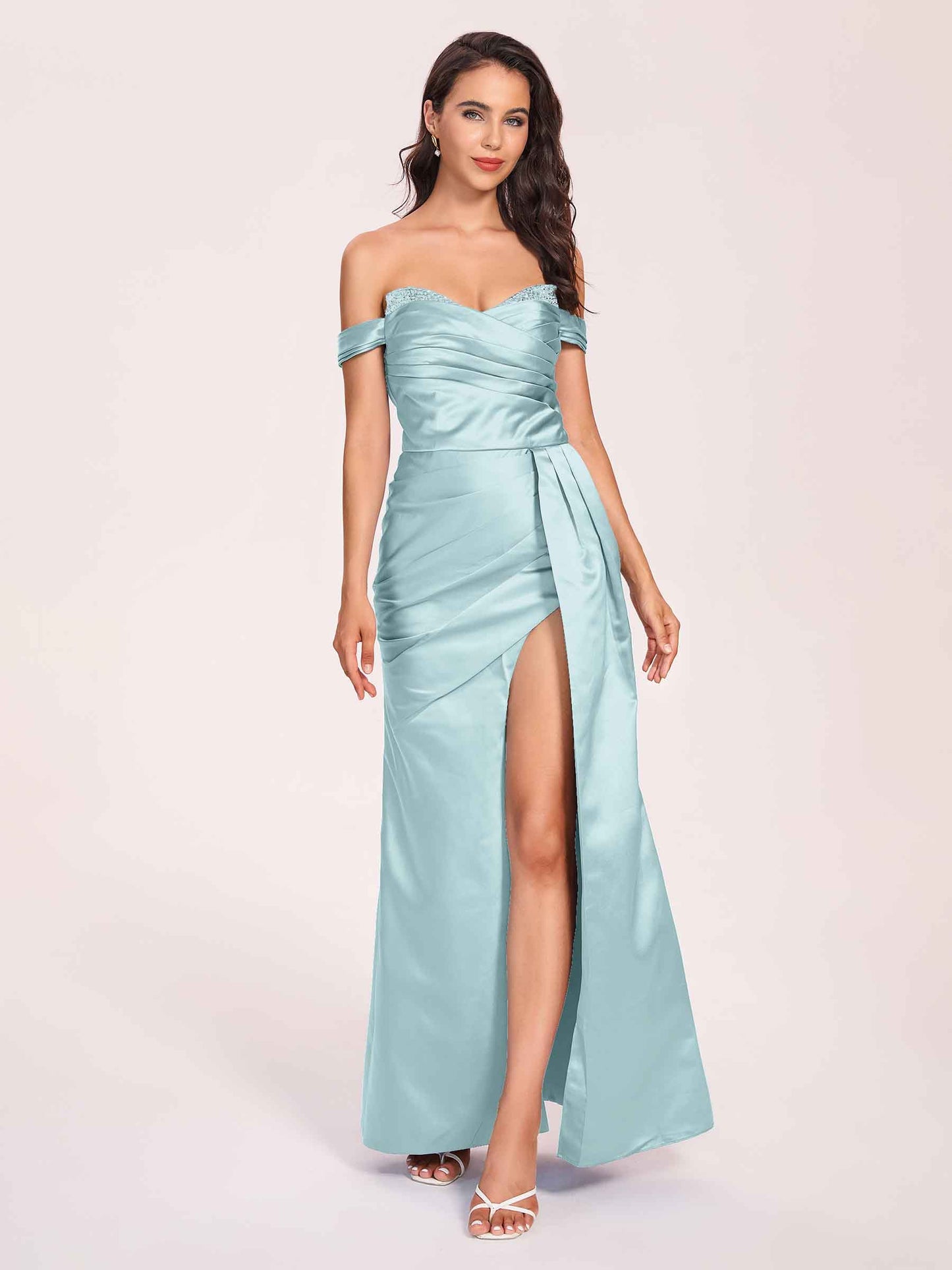 Elegant Satin Off Shoulder Bridesmaid Dresses Side-slit Sweetheart Floor Length Sheath