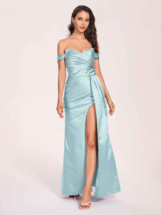 Elegant Satin Off Shoulder Bridesmaid Dresses Side-slit Sweetheart Floor Length Sheath