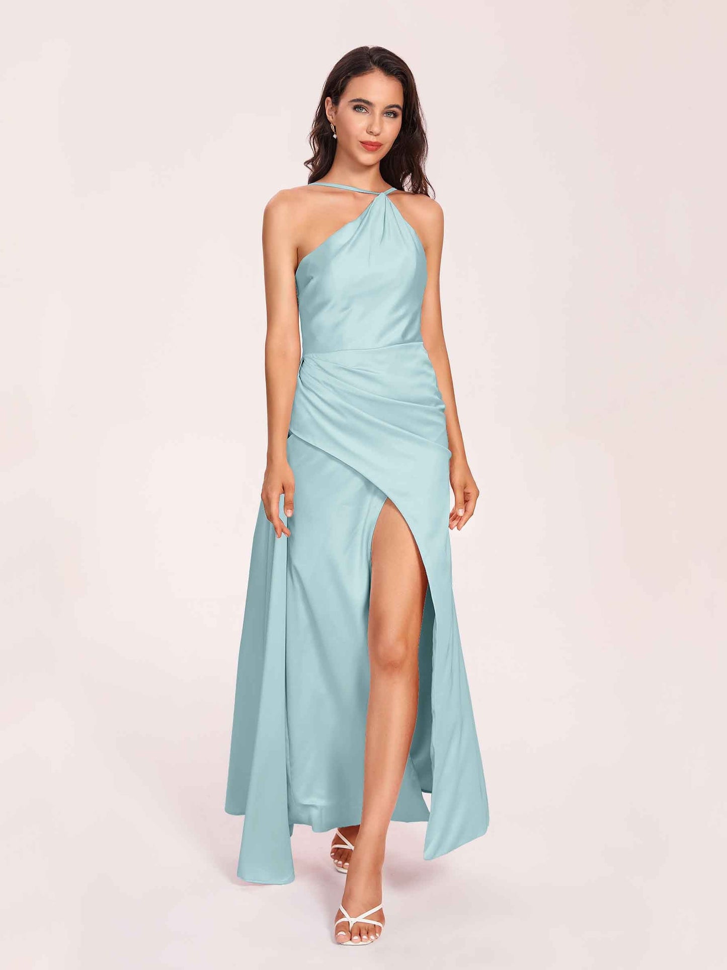 Sexy Satin Halter Strap Sheath Prom Dresses Side Slit Pleats Floor Length