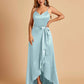 Satin Asymmetric V-neck Bridesmaid Dresses Sleeveless Side Slit A-line Unique For Sale