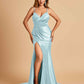Satin Mermaid V-neck Prom Dresses Spaghetti Straps Side Slit Floor Length