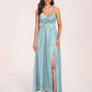 Satin Spaghetti Straps A-line Bridesmaid Dresses Side Slit Floor Length