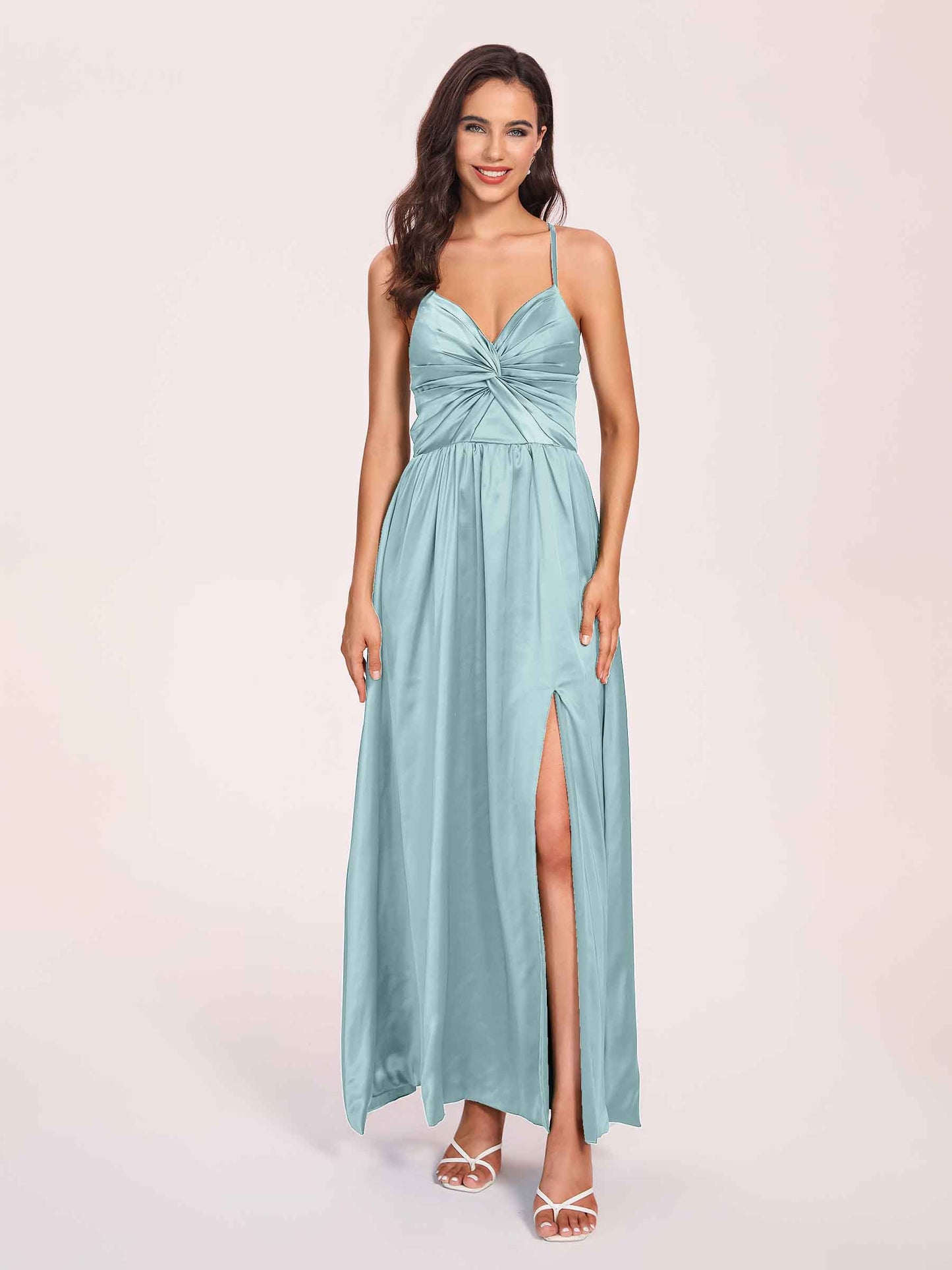 Satin Spaghetti Straps A-line Bridesmaid Dresses Side Slit Floor Length