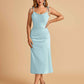Sexy Satin Midi Bridesmaid Dresses Spaghetti Straps Slip Scoop Side Slit