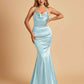 Satin Mermaid Open Back Bridesmaid Dresses Spaghetti Straps Scoop Floor Length