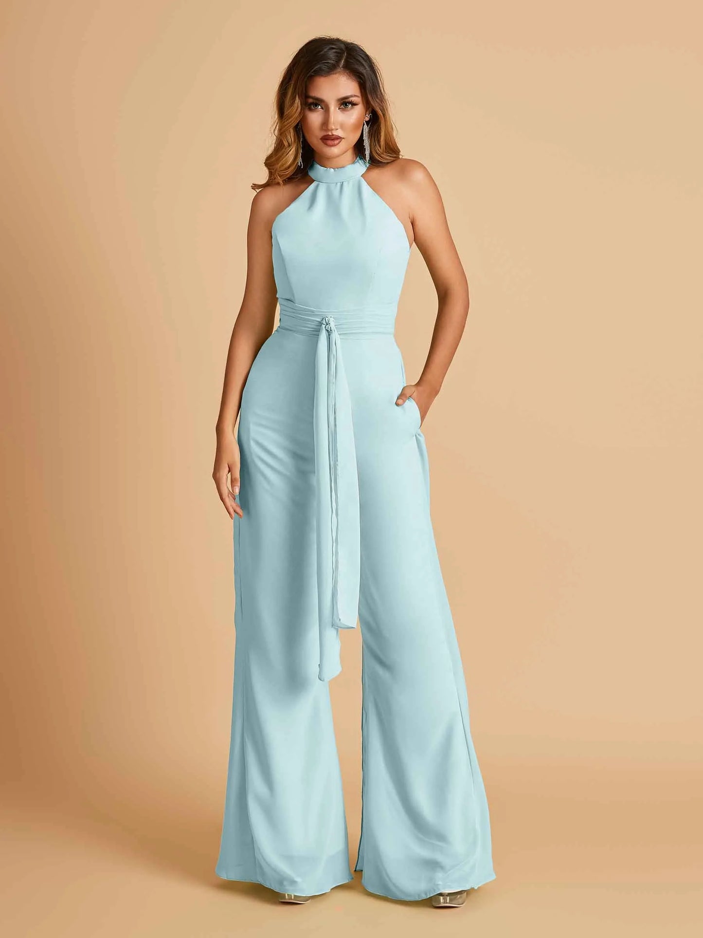 Chiffon Bridesmaid Jumpsuit Jewel Neck Sleeveless Floor Length With Pockets For Sale