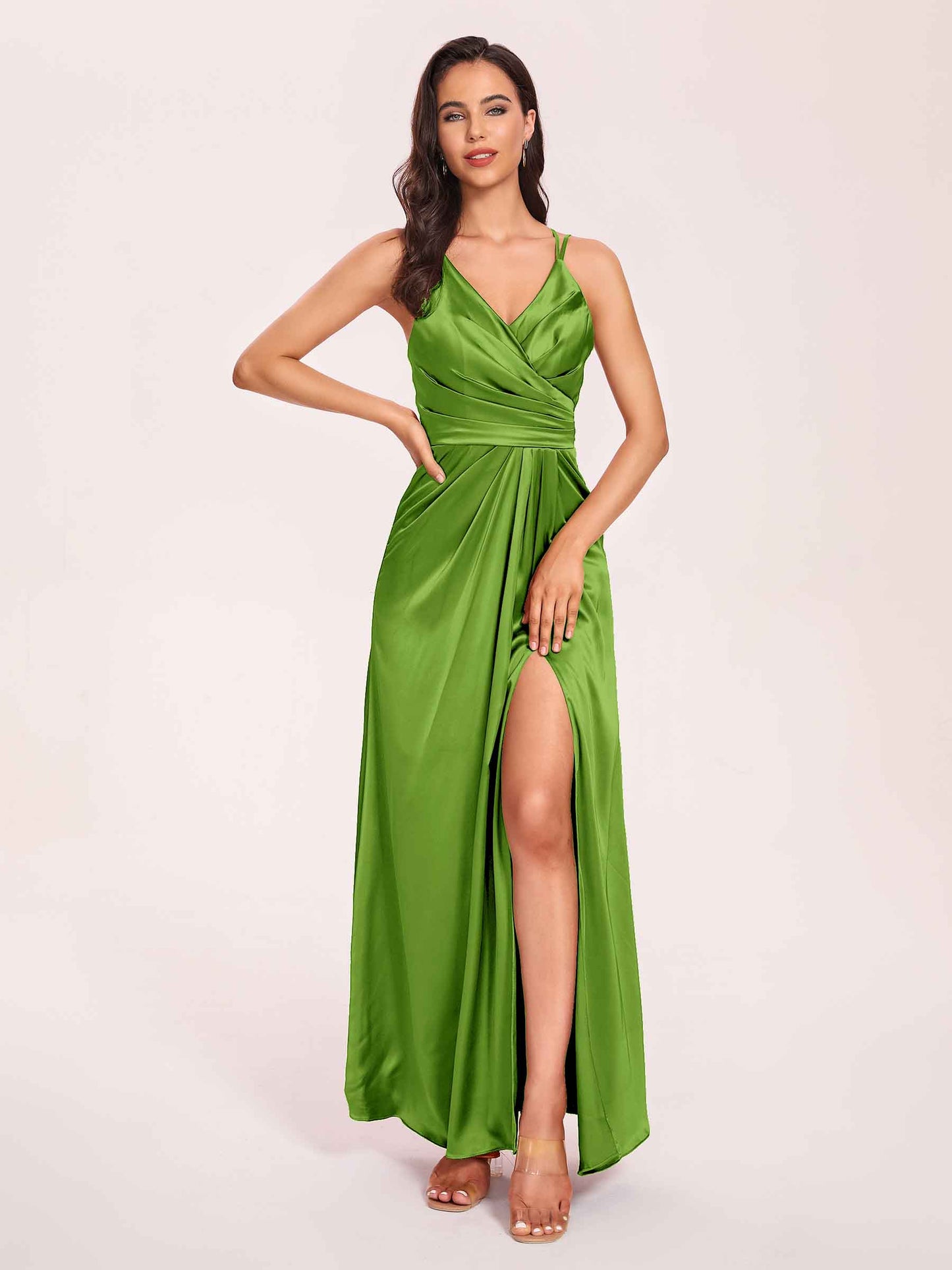 Sexy Satin A-line Bridesmaid Dresses Spaghetti Straps Side Slit V-neck Floor Length