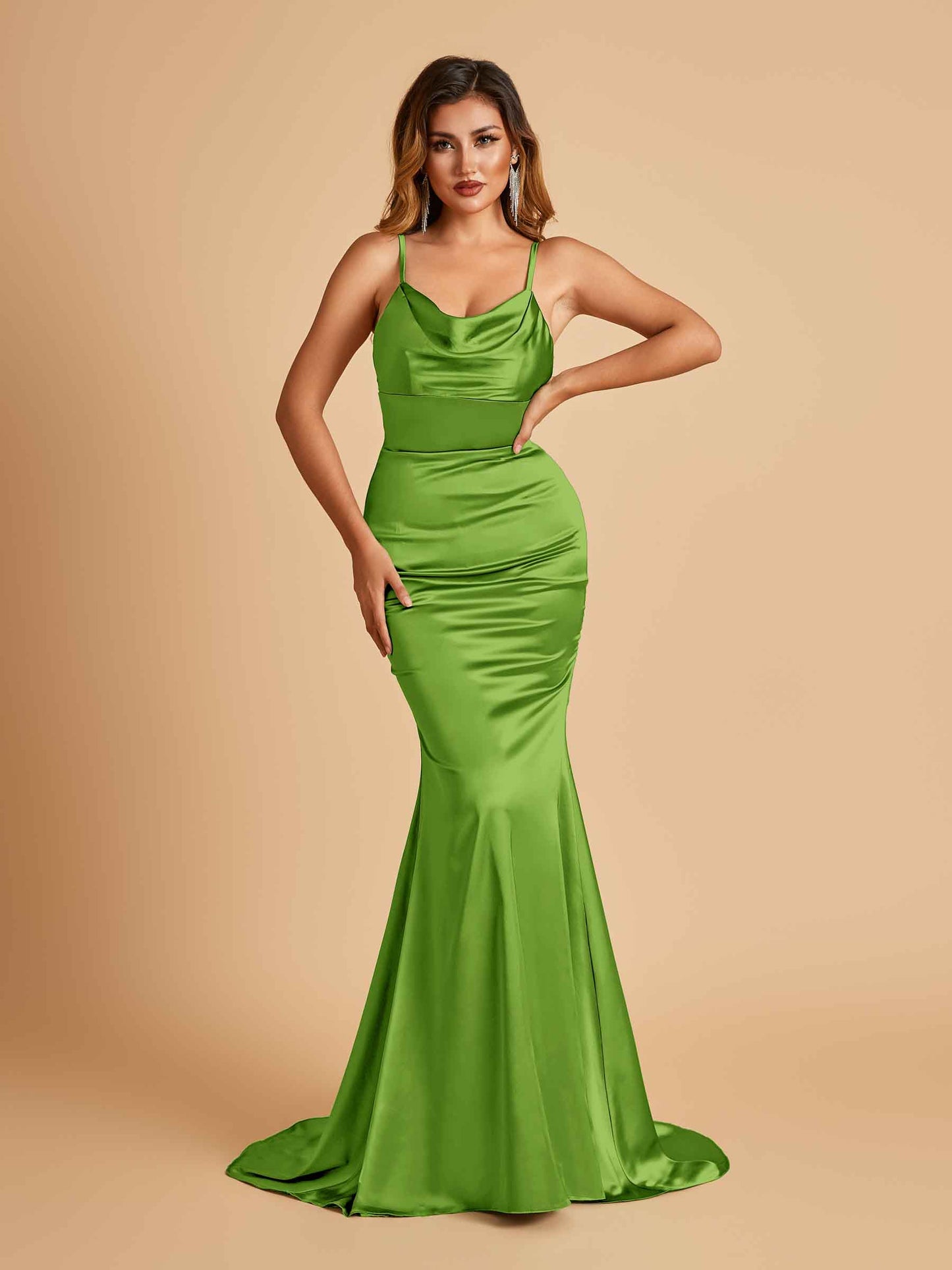 Satin Mermaid Open Back Bridesmaid Dresses Spaghetti Straps Scoop Floor Length
