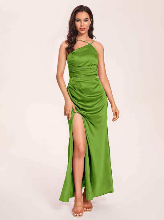 Satin Halter Pleats Sheath Bridesmaid Dresses Side-Slit Floor Length Sleeveless