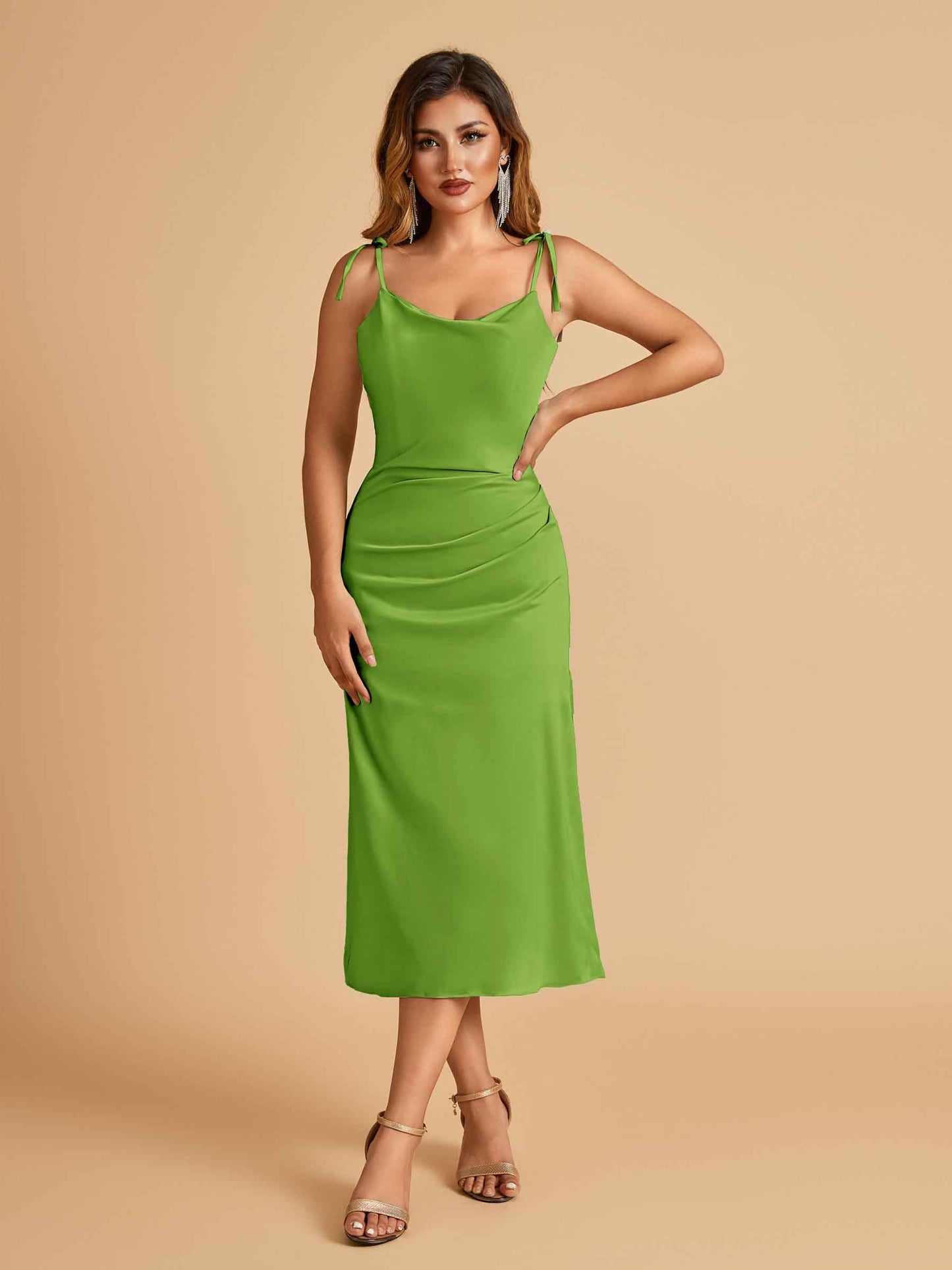 Sexy Satin Midi Prom Dresses Spaghetti Straps Slip Scoop Side Slit