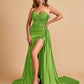 Sexy Satin Corset Bridesmaid Dresses Sweetheart Side Slit With Train Floor Length