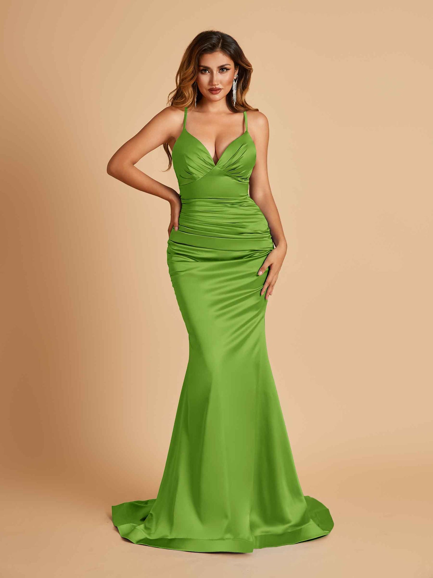 Satin Mermaid V-neck Bridesmaid Dresses Spaghetti Straps Floor Length