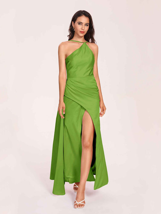 Sexy Satin Halter Strap Sheath Bridesmaid Dresses Side Slit Pleats Floor Length
