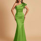 Satin One-shoulder Bridesmaid Dresses Ruffle Sleeves Mermaid Floor Length For Sale