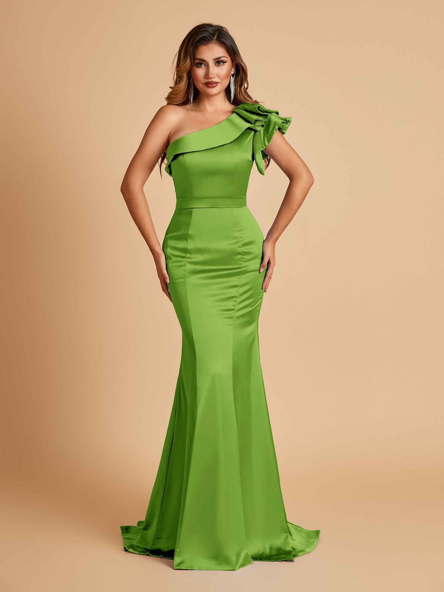 Satin One-shoulder Bridesmaid Dresses Ruffle Sleeves Mermaid Floor Length For Sale