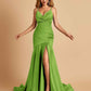 Sexy Satin Mermaid Open Back Prom Dresses Spaghetti Straps V-neck Side Slit