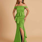 Satin Mermaid Off Shoulder Bridesmaid Dresses With Ruffles Side Slit Floor Length
