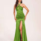 Sexy Satin Halter Long Bridesmaid Dresses Side Slit Pleats Floor Length Sheath